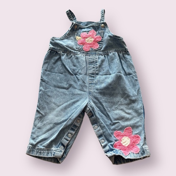 GAP Other - Vintage Baby Gap Light Blue Jean  Denim Overalls With Pink Flowers Size 12-18 M